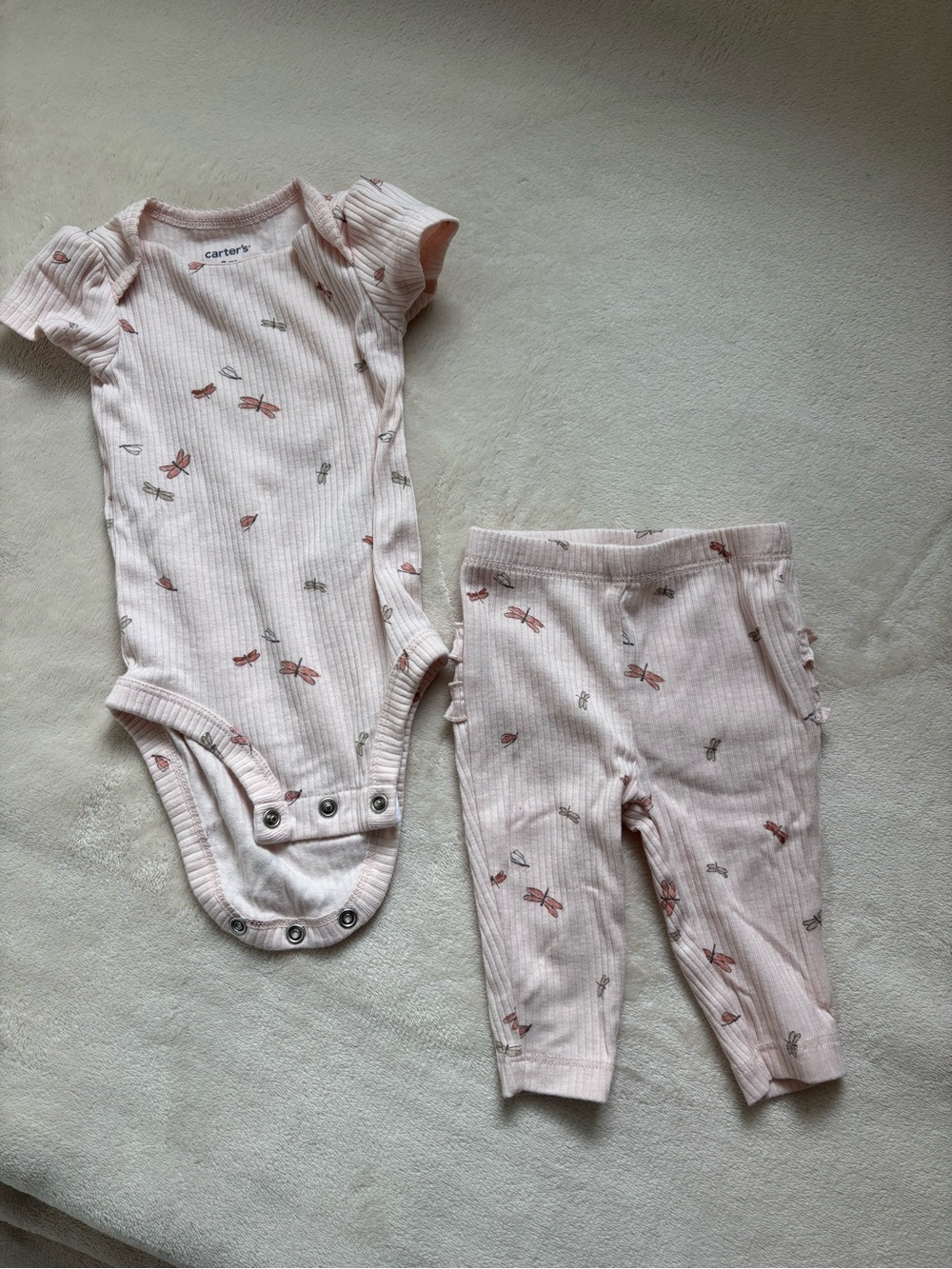 Carter's Light Pink Ribbed Baby Bodysuit and Pants Set with Dragonfly Print 3M